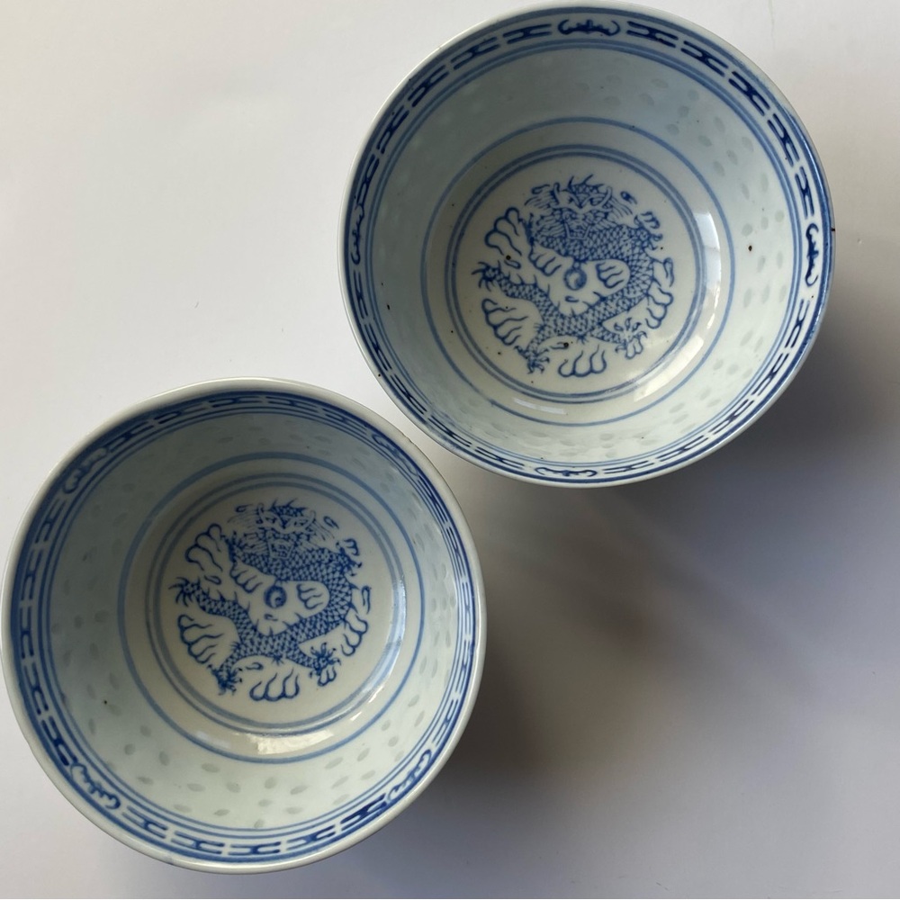 Tienshan Rice Flower Bowls Eyes Dragon Blue White Set Of 2 China Blossoms 4.2”